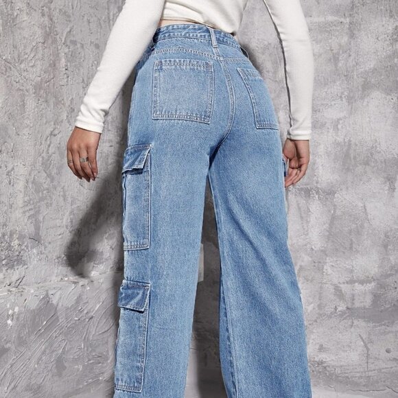 Blue Casual Womens Zipper Fly Flap Pocket Boyfriend Jeans - Picture 3 of 5